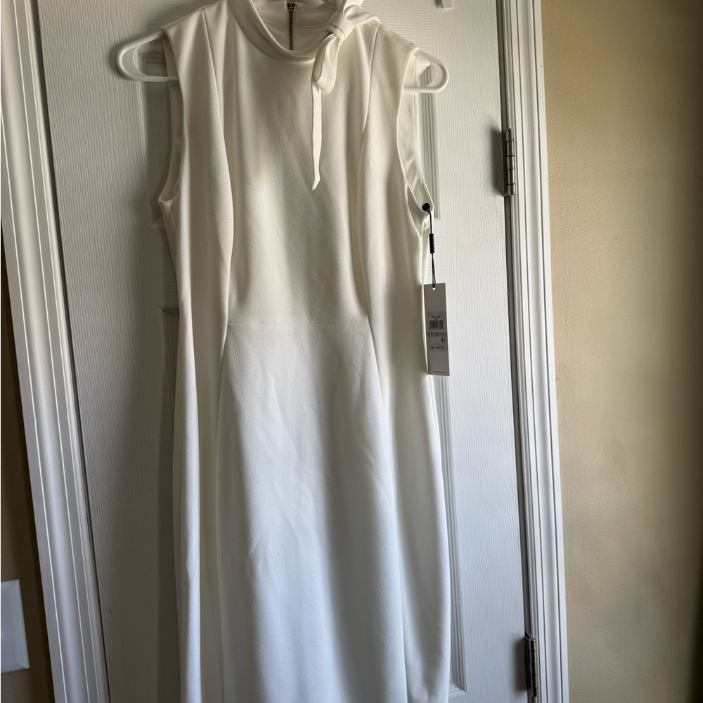 Calvin Klein White Sleeveless Midi Dress with Mock Neck